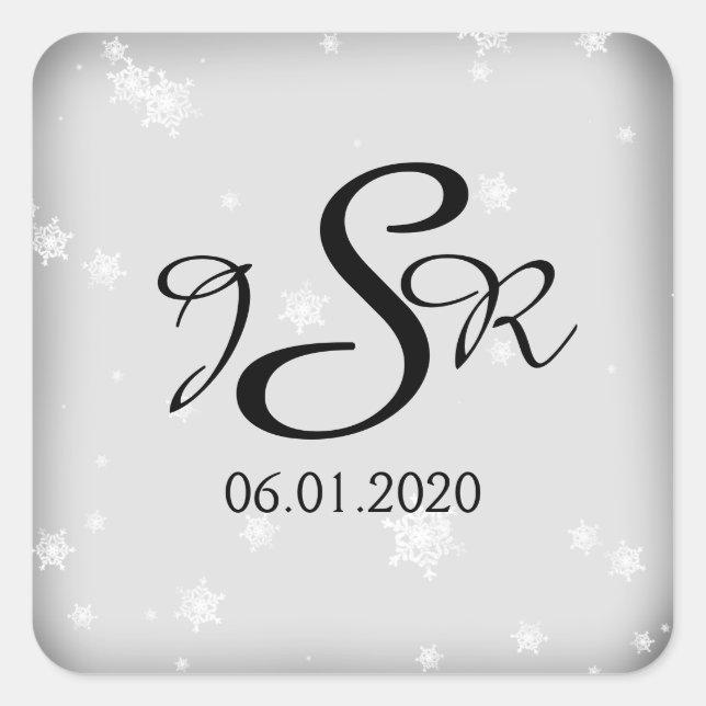 White and Silver Snowflake Wedding Monogram Square Sticker (Front)