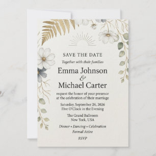 White and Slate Cosmos, Gold Fern, Eucalyptus, Sun Invitation