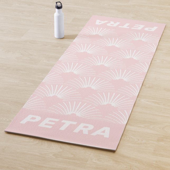 White and soft-pink art-deco pattern yoga mat (In Situ)
