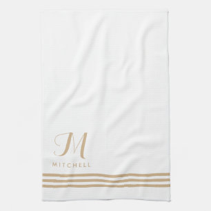 White and Tan Sophisticated Stripes and Monogram Tea Towel