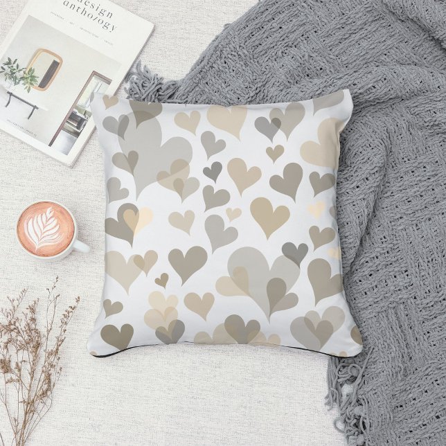  White And Taupe Hearts Pattern Elegant Girly Cute Cushion (Creator Uploaded)