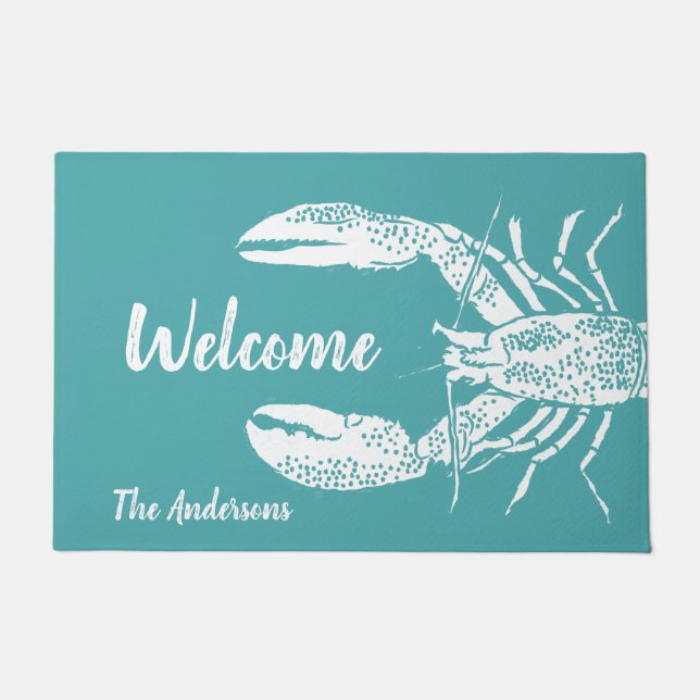 White and Teal Blue Lobster Personalised Doormat (Front)