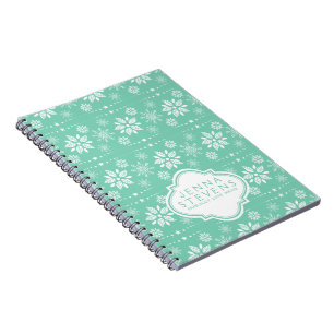 White And Teal Christmas Snowflakes Pattern Spiral Notebook