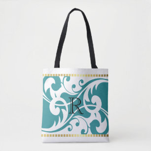 White and Teal Flourish Gold Border Monogram Tote Bag