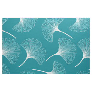 White and turquoise abstract leaves fabric