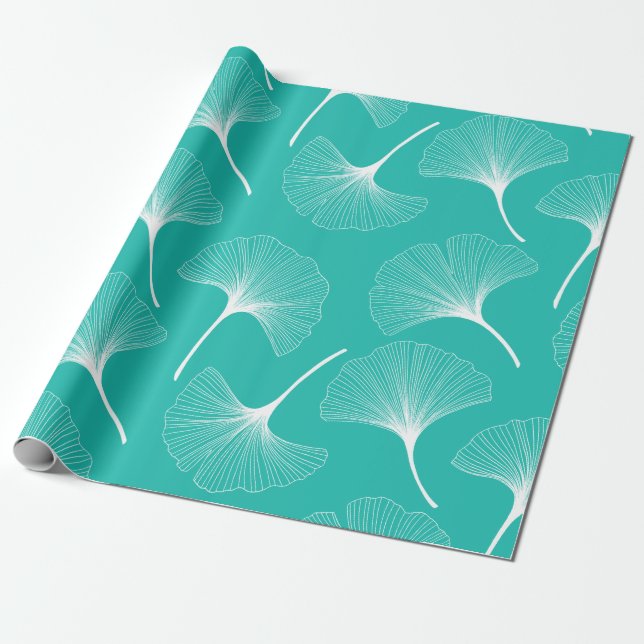 White and turquoise abstract leaves pattern wrapping paper (Unrolled)