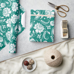 White and turquoise blue floral damask pattern wrapping paper