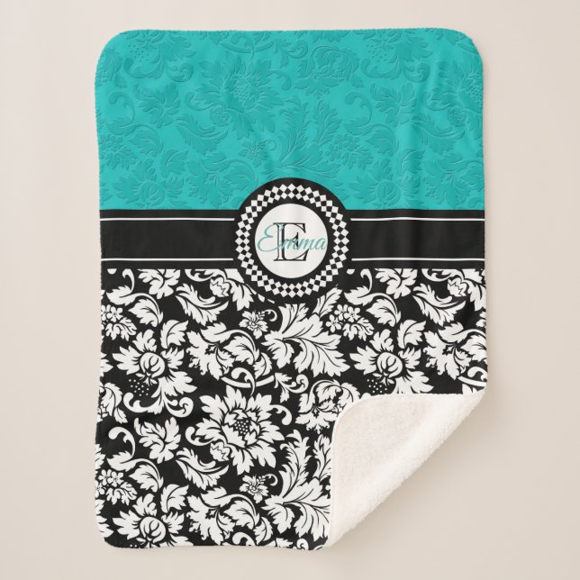 White And Turquoise Damask Pattern Sherpa Blanket (Front)