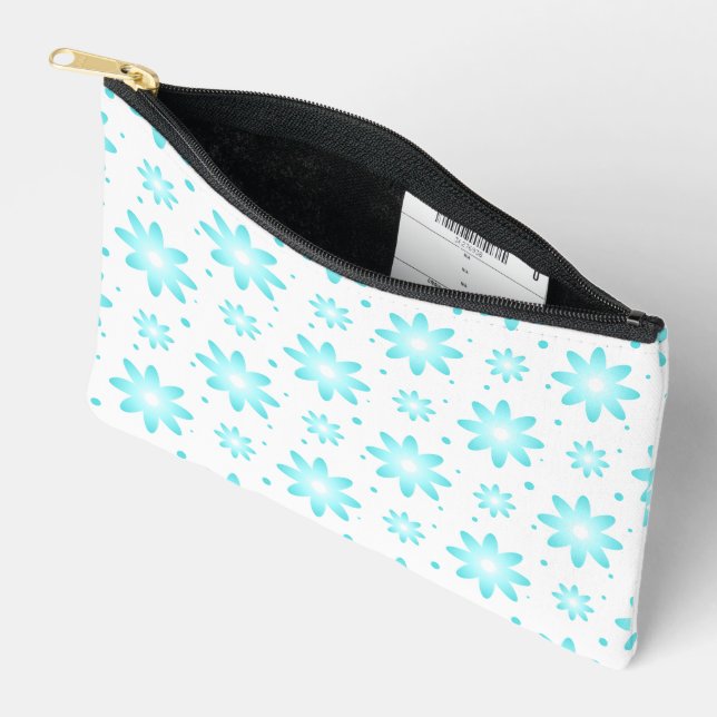 White and turquoise delicate daisy, dots pattern  accessory pouch (Open)