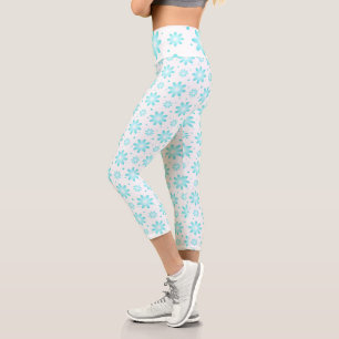 White and turquoise delicate daisy, dots pattern capri leggings