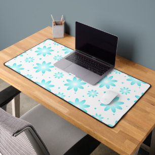White and turquoise delicate daisy, dots pattern desk mat