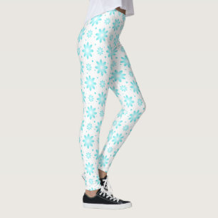 White and turquoise delicate daisy, dots pattern  leggings