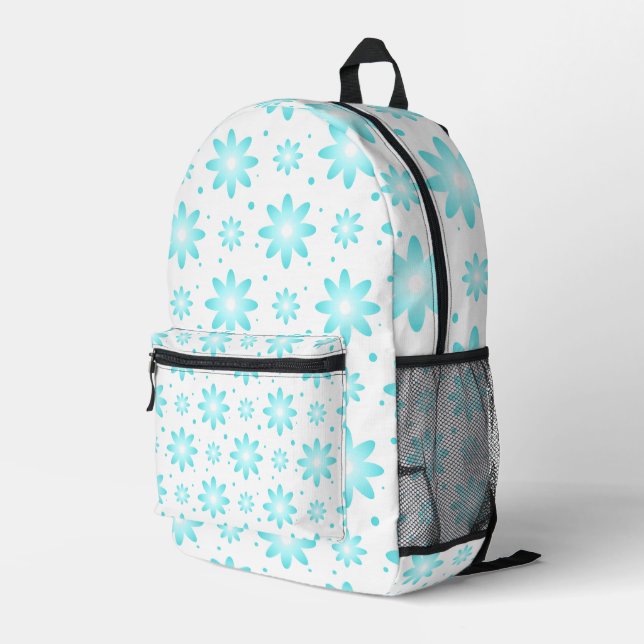 White and turquoise delicate daisy, dots pattern  printed backpack (Back Corner Right)