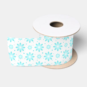 White and turquoise delicate daisy, dots pattern satin ribbon