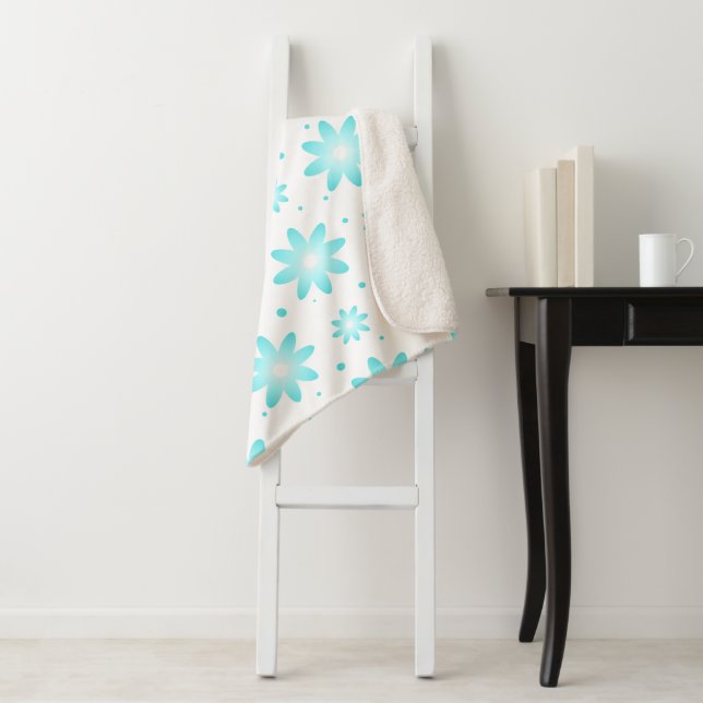 White and turquoise delicate daisy, dots pattern  sherpa blanket (In Situ)