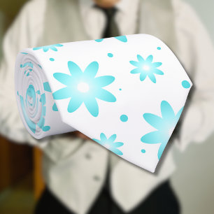 White and turquoise delicate daisy, dots pattern tie