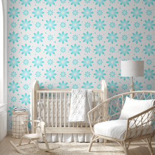 White and turquoise delicate daisy, dots pattern wallpaper