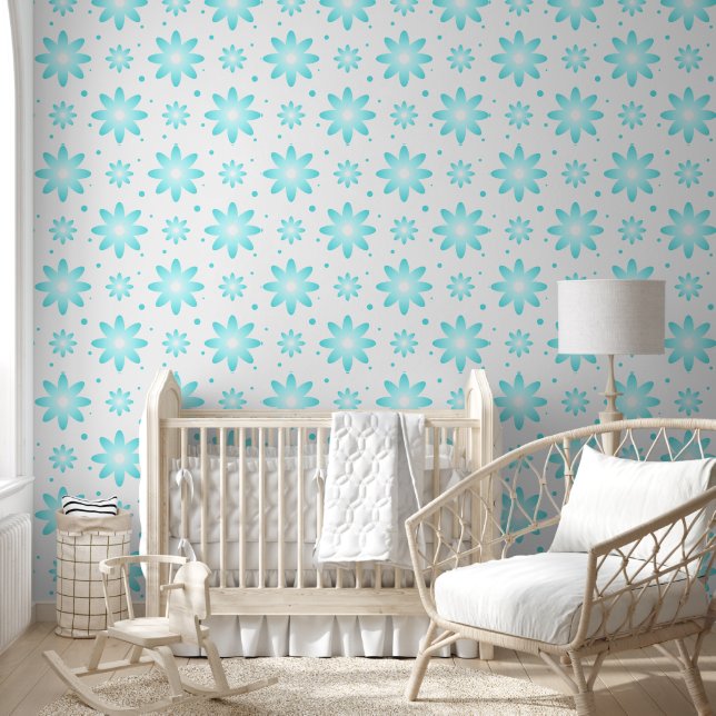 White and turquoise delicate daisy, dots pattern  wallpaper (Kids)