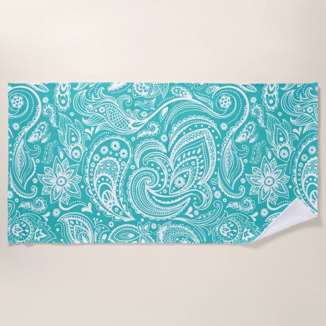 White And Turquoise Floral Paisley Pattern Beach Towel (Front)