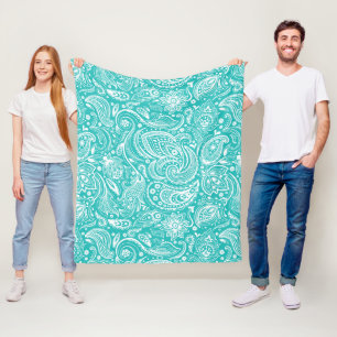 White And Turquoise Floral Paisley Pattern Fleece Blanket