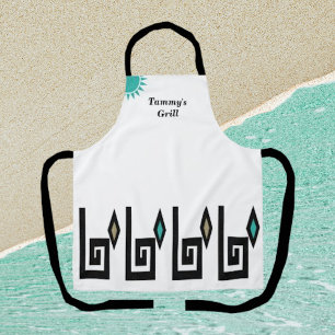 White and Turquoise Geometric Aztec Style Catering Apron