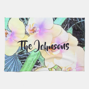 White and Violet Orchids Tea Towel