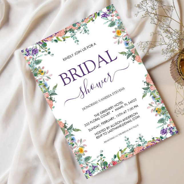  White and Violet Watercolor Flower Bridal Shower  Invitation (Creator Uploaded)