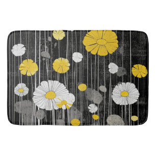 White and Yellow Daisies on Grey Black Bath Mat