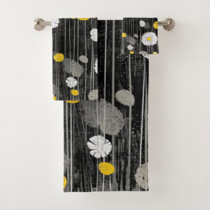 White and Yellow Daisies on Grey Black Bath Towel Set