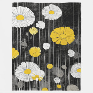 White and Yellow Daisies on Grey Black Fleece Blanket