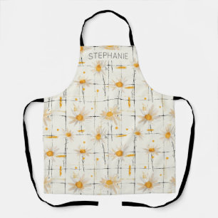 White and Yellow Daisies - Rustic Plaid Background Apron