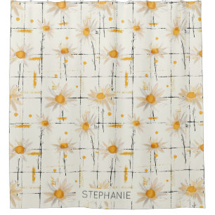 White and Yellow Daisies - Rustic Plaid Background Shower Curtain