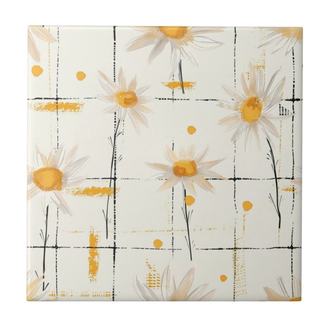 White and Yellow Daisies - Rustic Plaid Background Tile (Front)