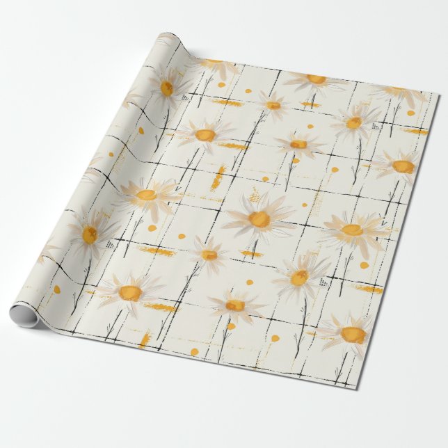 White and Yellow Daisies - Rustic Plaid Background Wrapping Paper (Unrolled)
