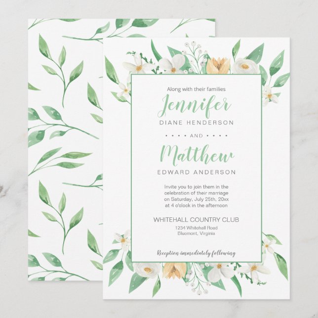 White and Yellow Floral Framed Wedding Invitation (Front/Back)