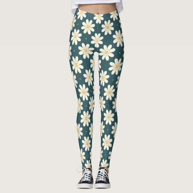 White and Yellow flower pattern Leggings (Front)