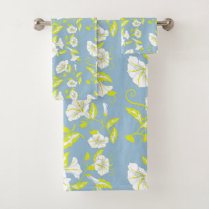 White and yellow flowers pattern on grey bath towel set