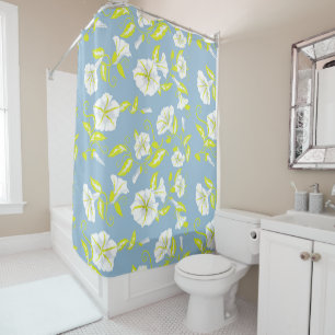 White and yellow flowers pattern on grey shower curtain