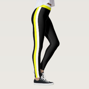 White and Yellow Side Stripe Black Sports Leggings
