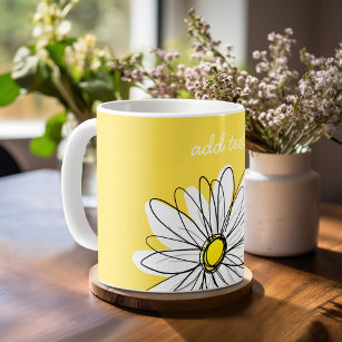 White and Yellow Whimsical Daisy Custom Text Coffee Mug