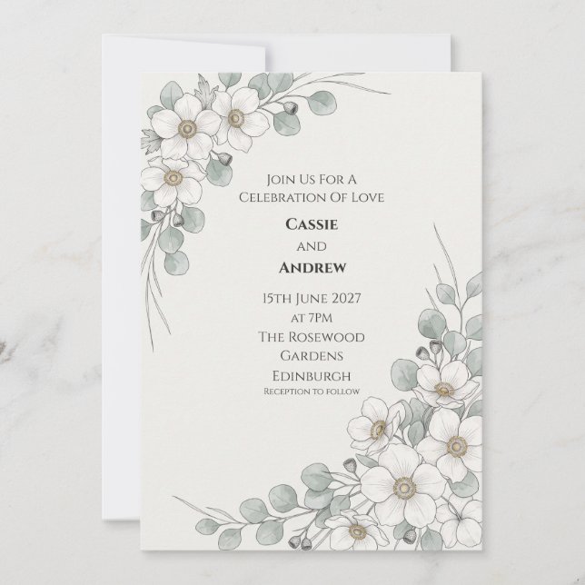 White Anemone Eucalyptus Botanical Wedding Invitat Invitation (Front)