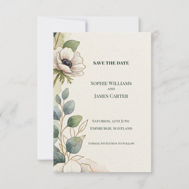 White Anemone Eucalyptus Save The Date Card (Front)