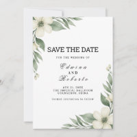 White Anemone Floral Greenery Save the Date Card