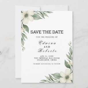 White Anemone Floral Greenery Save the Date Card