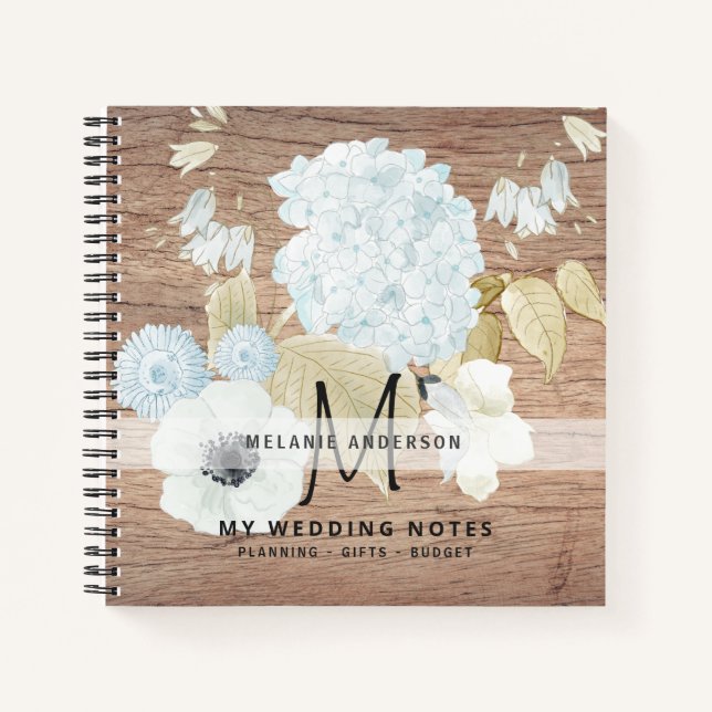 White  Anemone Floral Wedding Newly Weds Monogram Notebook (Front)