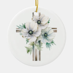White anemone flower cross ceramic tree decoration