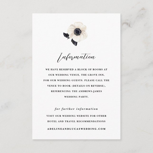 White Anemone Flower Hotel Information Wedding Enclosure Card (Front)