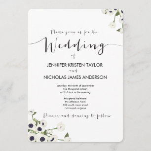 White Anemone Flower Vintage Wedding Invitation