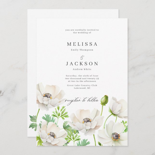 White Anemone Flower Wedding Invitation  (Front/Back)