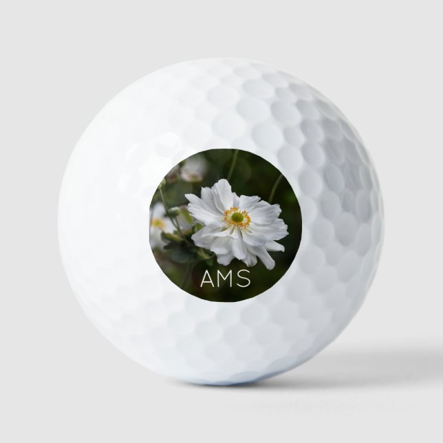 White Anemone Garden Flowers Personal Initials Golf Balls (Front)